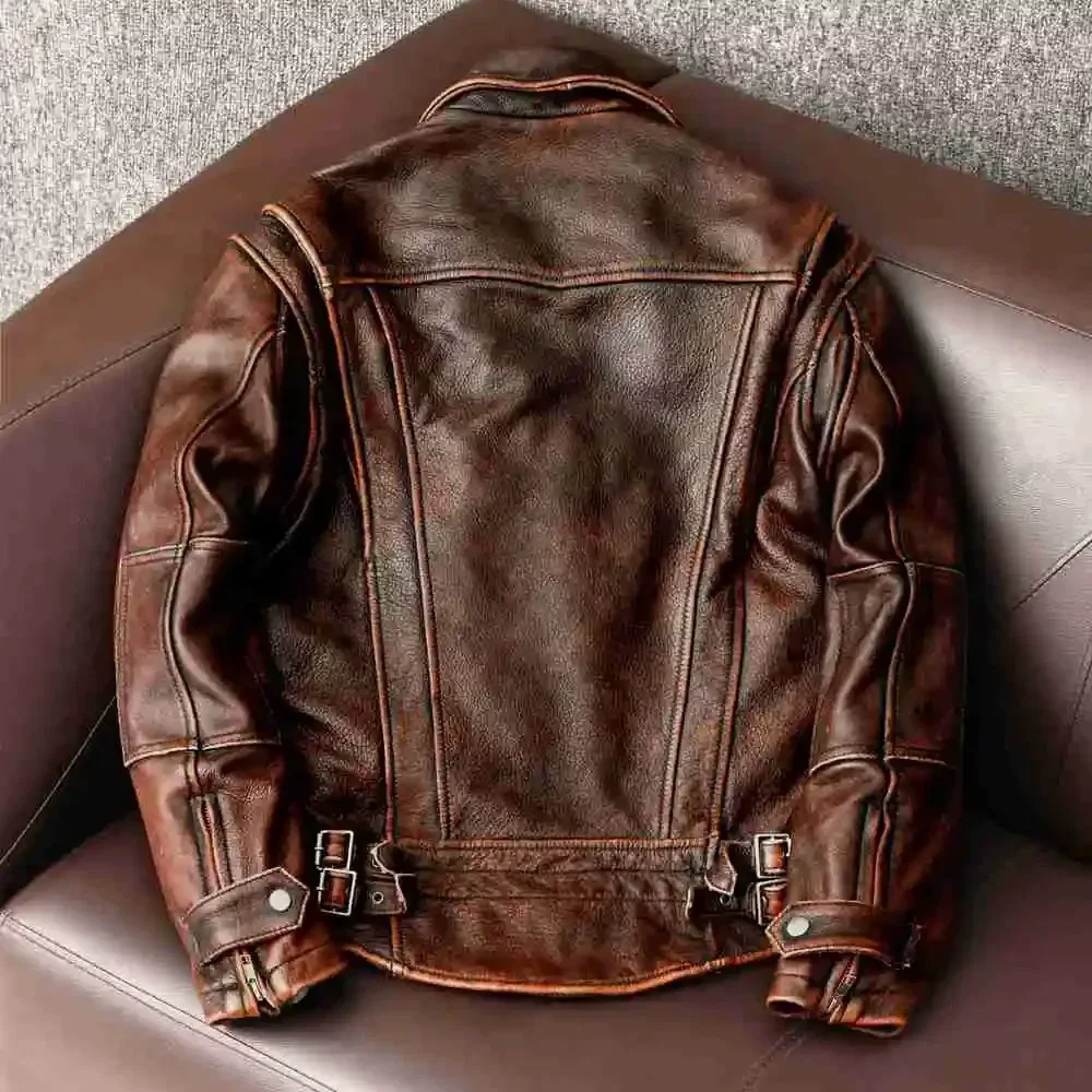 Men’s Vintage Brown Genuine Cowhide Leather Jacket – Slim Fit Fashion Biker Coat, Asian Size S–6XL