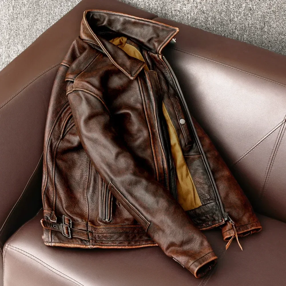 Men’s Vintage Brown Genuine Cowhide Leather Jacket – Slim Fit Fashion Biker Coat, Asian Size S–6XL - Image 4
