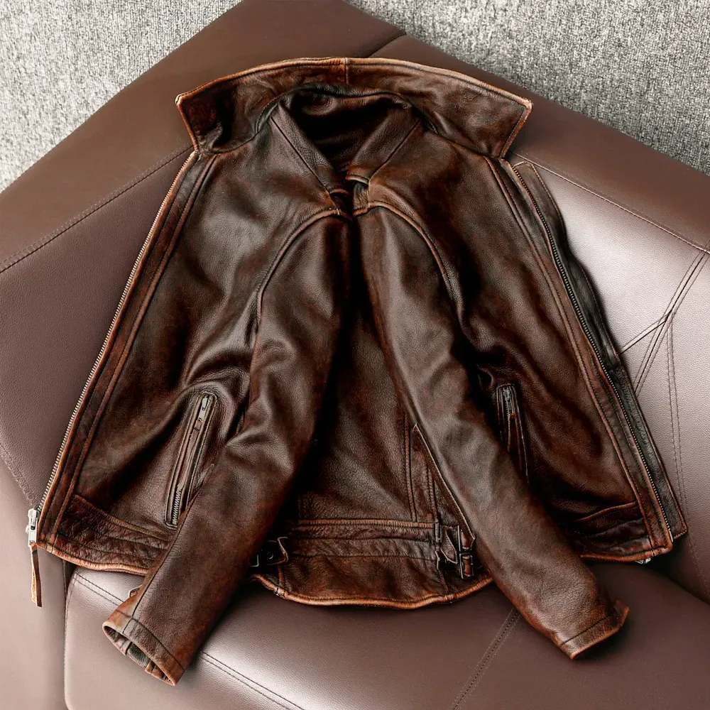 Men’s Vintage Brown Genuine Cowhide Leather Jacket – Slim Fit Fashion Biker Coat, Asian Size S–6XL - Image 3