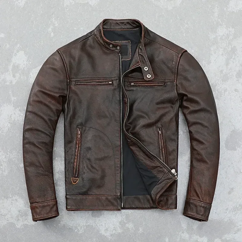Men’s Retro Distressed Cowhide Leather Jacket – Genuine Leather Motorcycle Coat, Slim Fit Youth Style, Unlined Vintage Fashion - Image 2