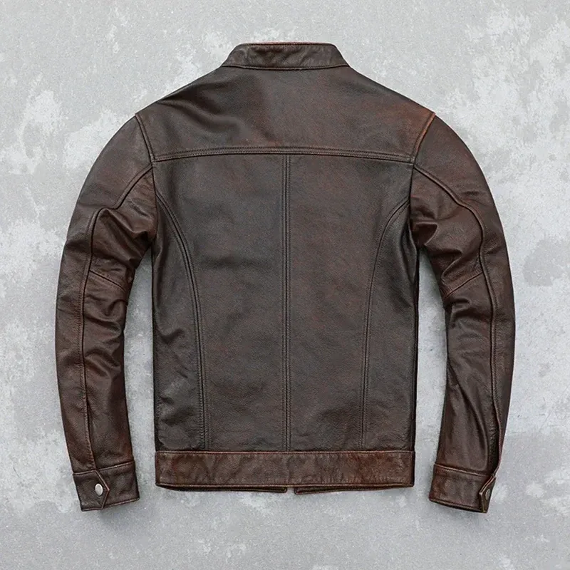 Men’s Retro Distressed Cowhide Leather Jacket – Genuine Leather Motorcycle Coat, Slim Fit Youth Style, Unlined Vintage Fashion - Image 3