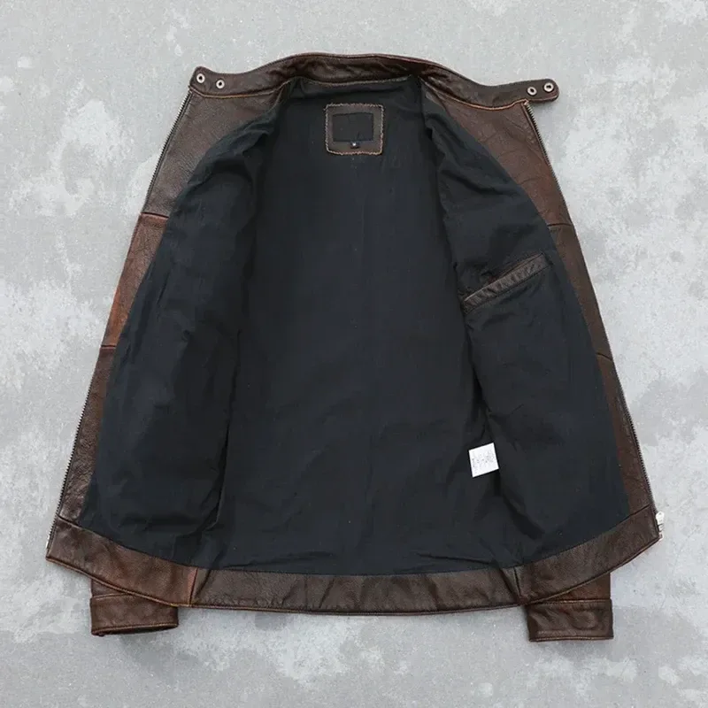 Men’s Retro Distressed Cowhide Leather Jacket – Genuine Leather Motorcycle Coat, Slim Fit Youth Style, Unlined Vintage Fashion - Image 4