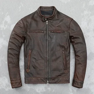 Men’s Retro Distressed Cowhide Leather Jacket – Genuine Leather Motorcycle Coat, Slim Fit Youth Style, Unlined Vintage Fashion