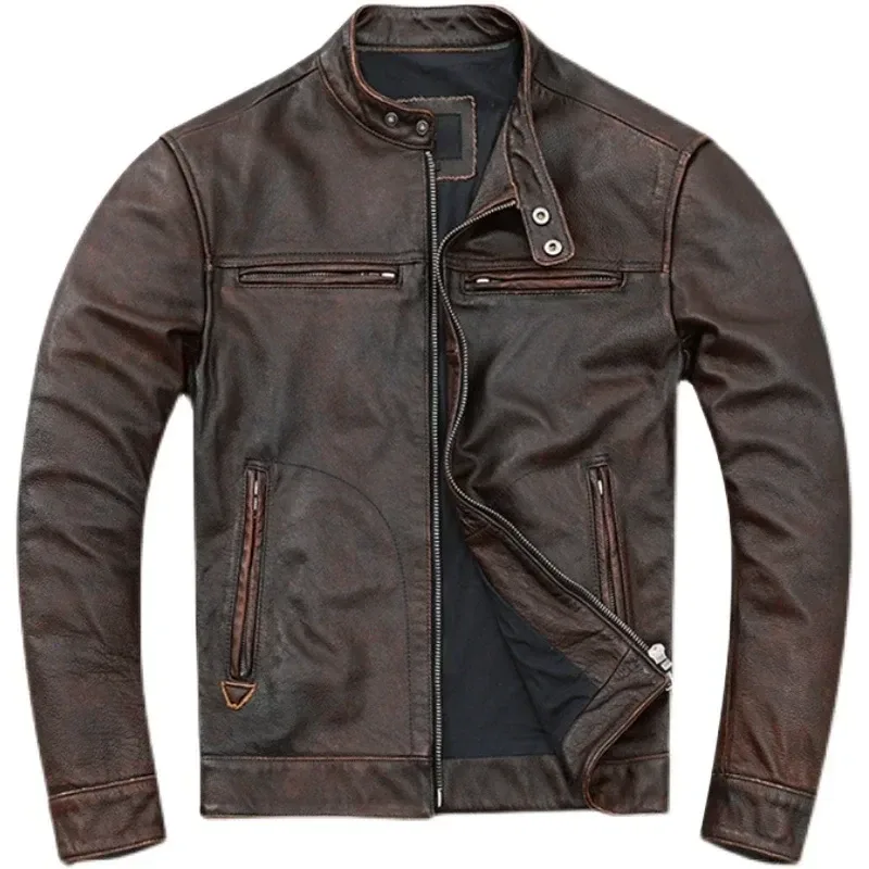 Men’s Retro Distressed Cowhide Leather Jacket – Genuine Leather Motorcycle Coat, Slim Fit Youth Style, Unlined Vintage Fashion - Image 5