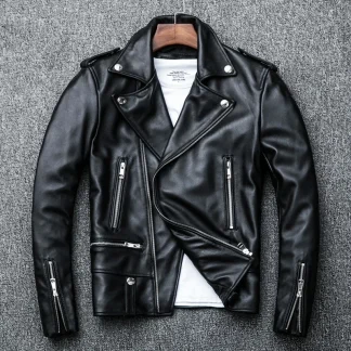 Men’s Classic Short Motorcycle Leather Jacket – 100% Genuine Sheepskin Slim Fit Biker Coat, Premium Japanese Quality