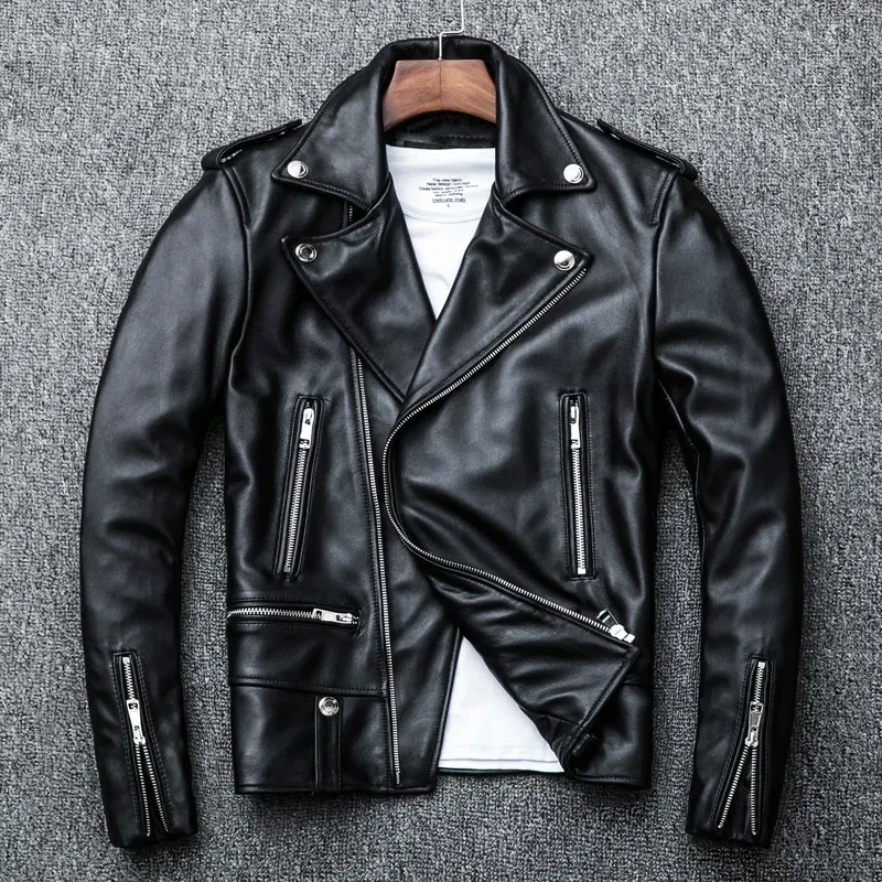 Men’s Classic Short Motorcycle Leather Jacket – 100% Genuine Sheepskin Slim Fit Biker Coat, Premium Japanese Quality