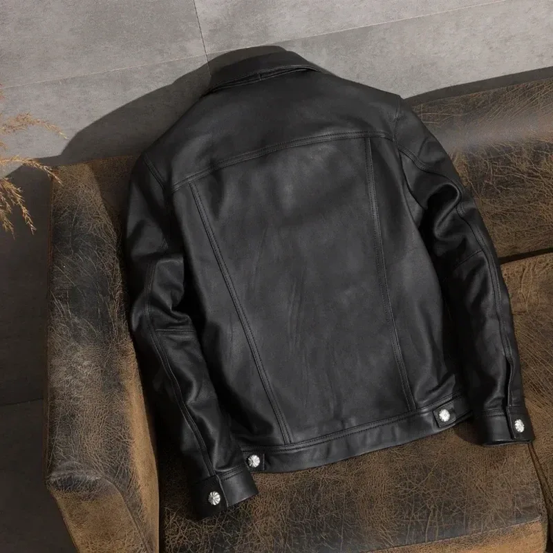 Casual Men's Leather Jacket Sheepskin Coat Genuine Leather Jacket Men Vintage Motorcycle Veste Cuir Homme 1905 KJ2450 - Image 4