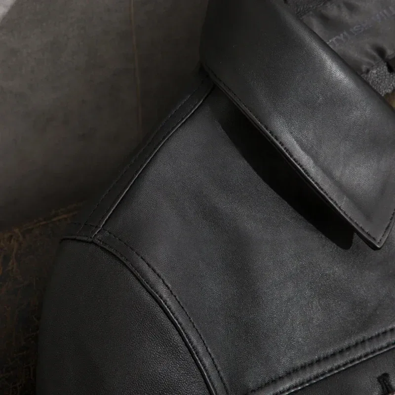Casual Men's Leather Jacket Sheepskin Coat Genuine Leather Jacket Men Vintage Motorcycle Veste Cuir Homme 1905 KJ2450 - Image 3