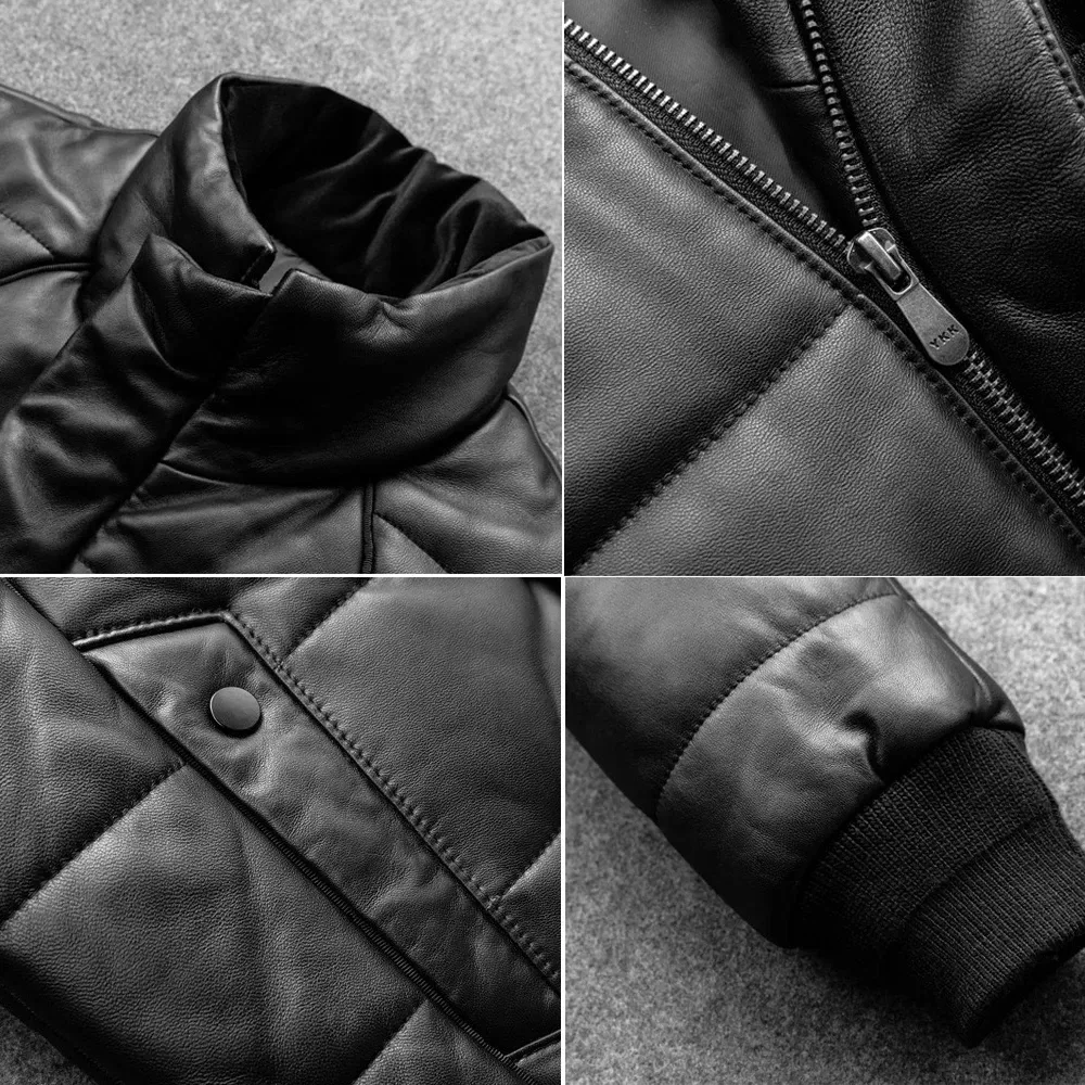 Men’s Winter Sheepskin Leather Down Jacket – Stand Collar Real Leather Coat with Cotton Padding | Warm Motorcycle Style - Image 4