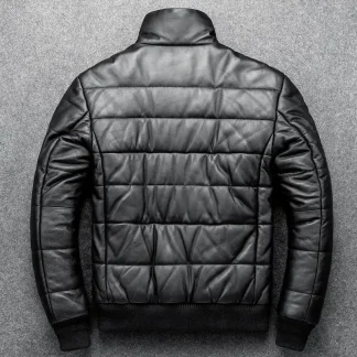 Men’s Winter Sheepskin Leather Down Jacket – Stand Collar Real Leather Coat with Cotton Padding | Warm Motorcycle Style
