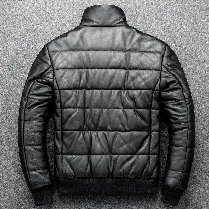 Men’s Winter Sheepskin Leather Down Jacket – Stand Collar Real Leather Coat with Cotton Padding | Warm Motorcycle Style