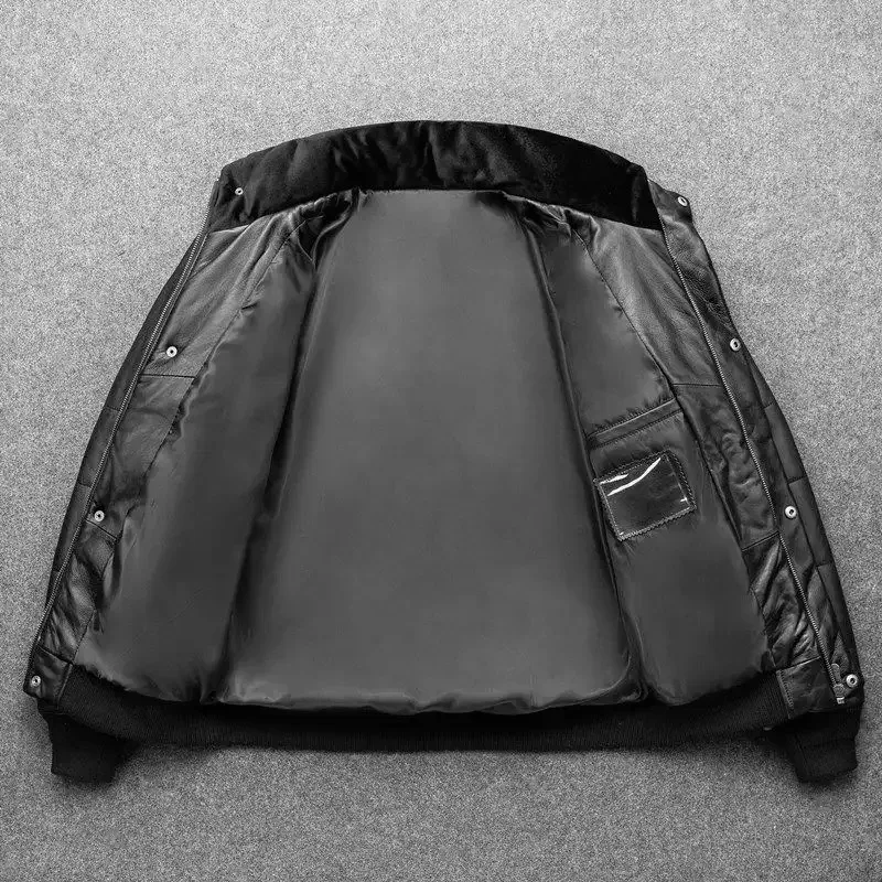 Men’s Winter Sheepskin Leather Down Jacket – Stand Collar Real Leather Coat with Cotton Padding | Warm Motorcycle Style - Image 2