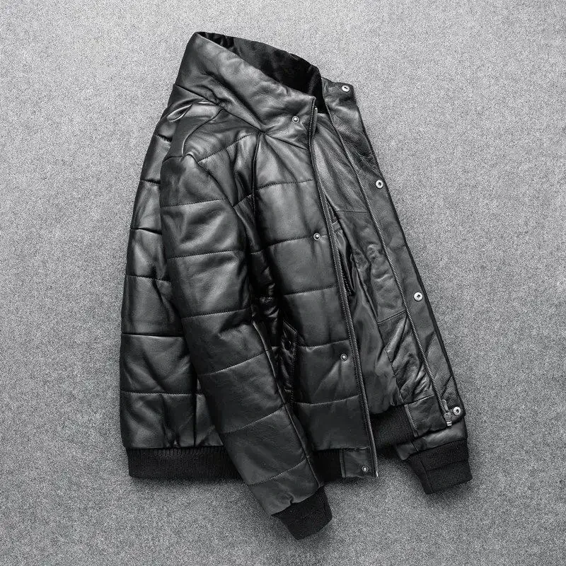 Men’s Winter Sheepskin Leather Down Jacket – Stand Collar Real Leather Coat with Cotton Padding | Warm Motorcycle Style - Image 3