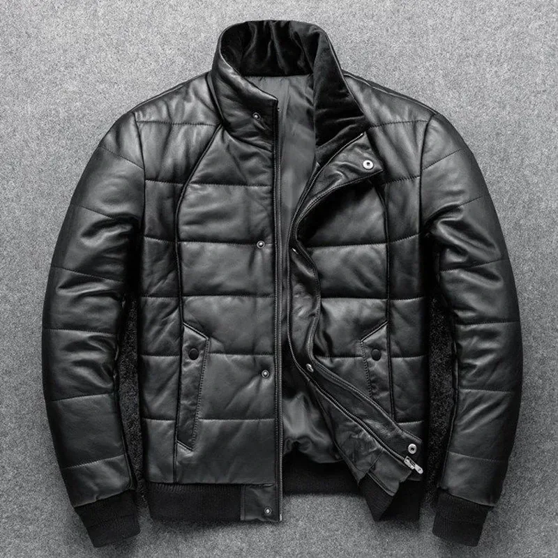 Men’s Winter Sheepskin Leather Down Jacket – Stand Collar Real Leather Coat with Cotton Padding | Warm Motorcycle Style - Image 6