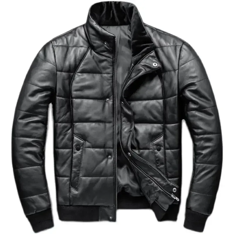 Men’s Winter Sheepskin Leather Down Jacket – Stand Collar Real Leather Coat with Cotton Padding | Warm Motorcycle Style - Image 5