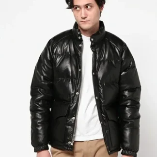 Men's Genuine Sheepskin Leather Down Jacket – Classic Casual Winter Warm Coat, Black Real Leather Outerwear