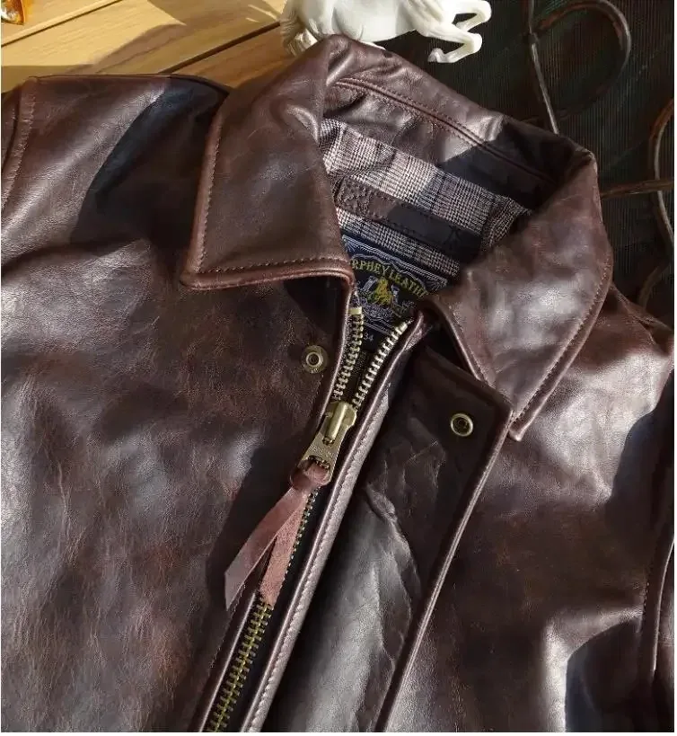 Vintage Brown Horsehide Leather Jacket β Retro Classic Rider Coat, Genuine Tanned Leather Casual Outerwear for Men - Image 5