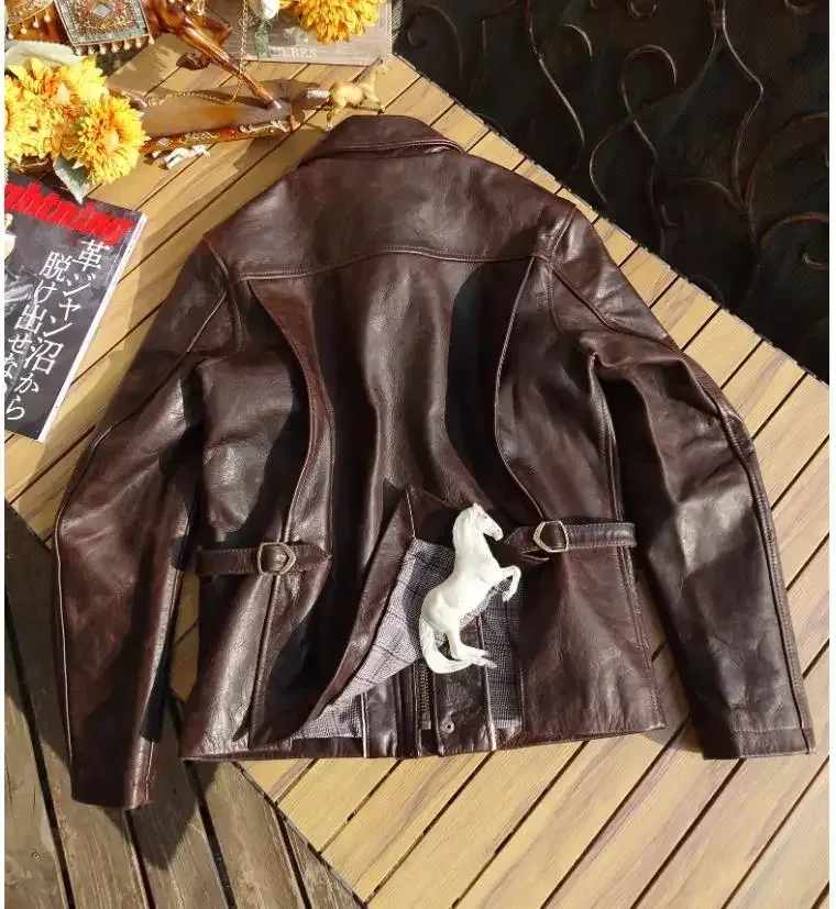 Vintage Brown Horsehide Leather Jacket β Retro Classic Rider Coat, Genuine Tanned Leather Casual Outerwear for Men - Image 3