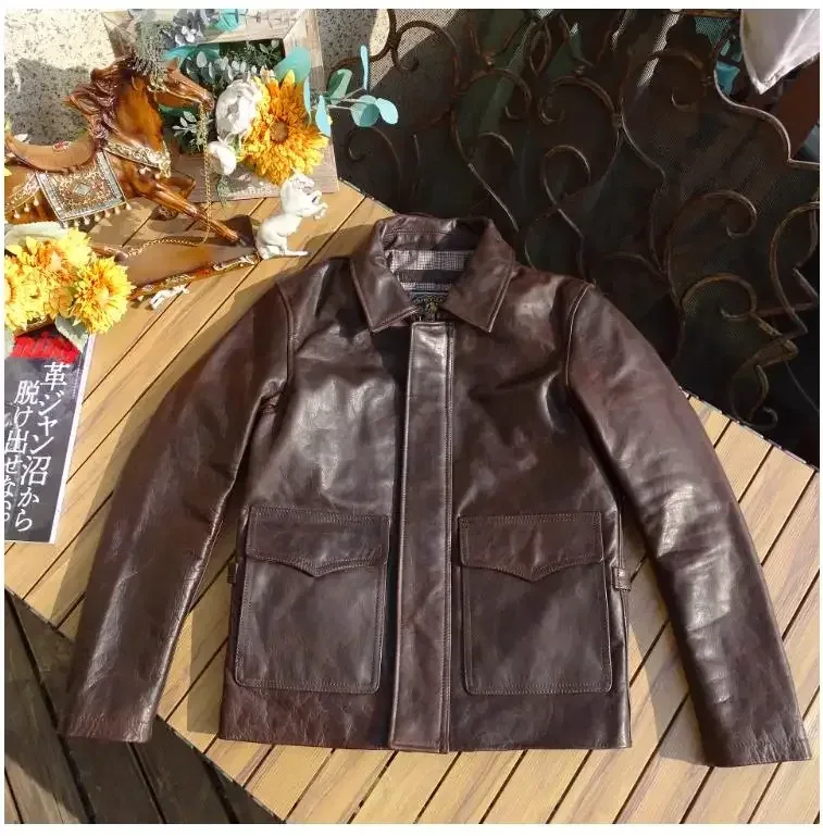 Vintage Brown Horsehide Leather Jacket β Retro Classic Rider Coat, Genuine Tanned Leather Casual Outerwear for Men - Image 6