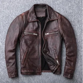 Dermis Vintage Brown Cowhide Leather Jacket – Genuine Tanned Leather Rider Coat for Men, Natural Durable Classic Outerwear