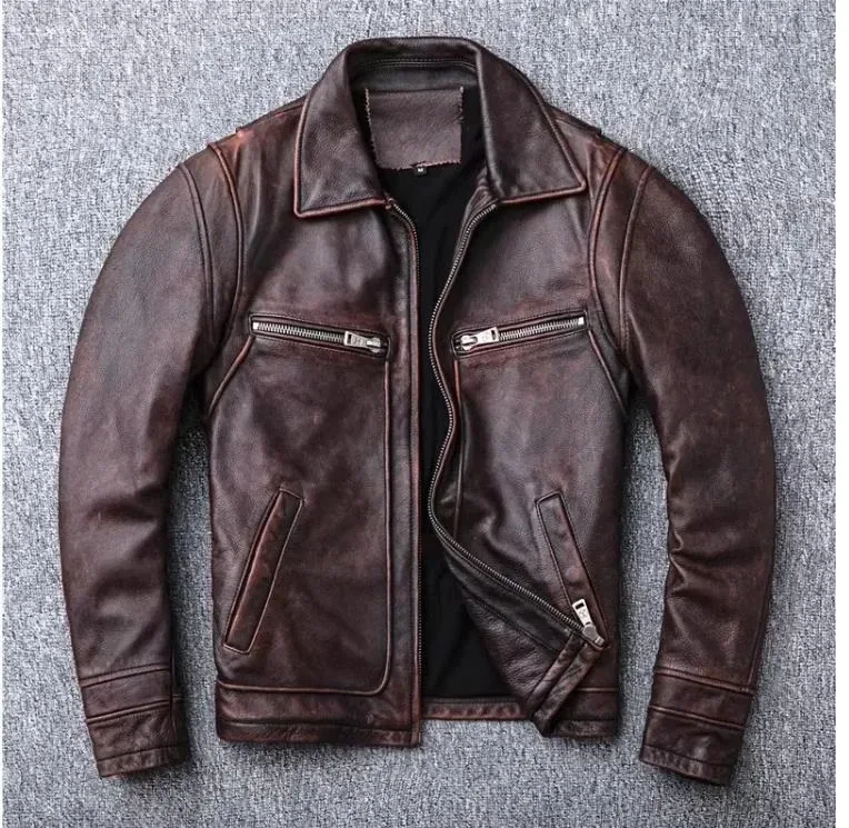 Dermis Vintage Brown Cowhide Leather Jacket – Genuine Tanned Leather Rider Coat for Men, Natural Durable Classic Outerwear