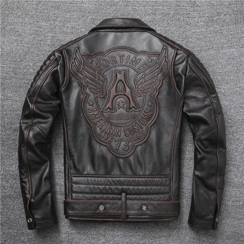 Oblique Zipper Vintage Brown Genuine Cowhide Leather Jacket – Men’s Slim Fit Biker Coat, Natural Real Leather Motorcycle Outerwear (2XL–5XL) - Image 5