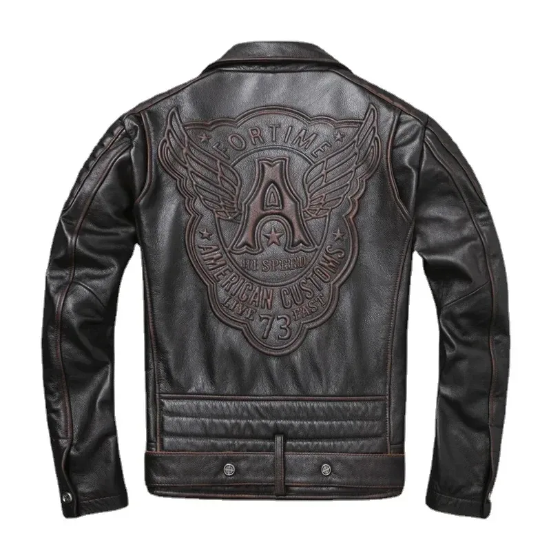 Oblique Zipper Vintage Brown Genuine Cowhide Leather Jacket – Men’s Slim Fit Biker Coat, Natural Real Leather Motorcycle Outerwear (2XL–5XL) - Image 2