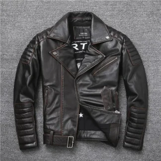 Oblique Zipper Vintage Brown Genuine Cowhide Leather Jacket – Men’s Slim Fit Biker Coat, Natural Real Leather Motorcycle Outerwear (2XL–5XL)