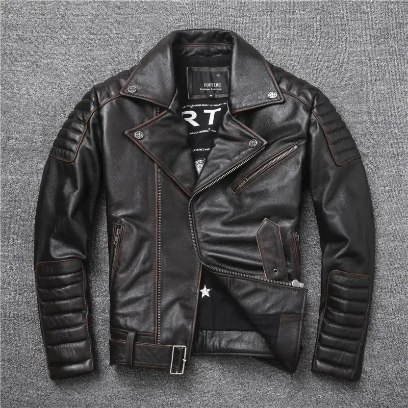 Oblique Zipper Vintage Brown Genuine Cowhide Leather Jacket – Men’s Slim Fit Biker Coat, Natural Real Leather Motorcycle Outerwear (2XL–5XL)