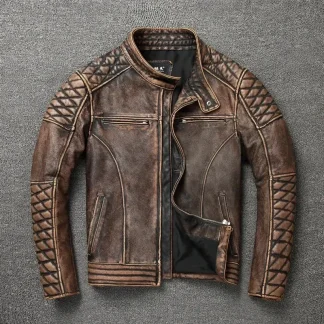 Men's Genuine Cowhide Leather Motorcycle Jacket – Vintage Stand Collar Biker Coat, Classic Top Layer Real Leather Moto Outerwear