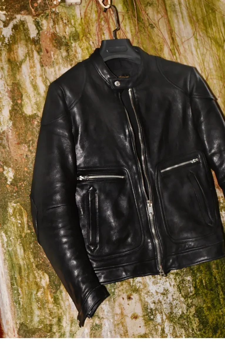 Men’s Luxury Genuine Sheepskin Leather Jacket – Thick Tanned Italian Black Rider Coat, Premium Quality Biker Outerwear