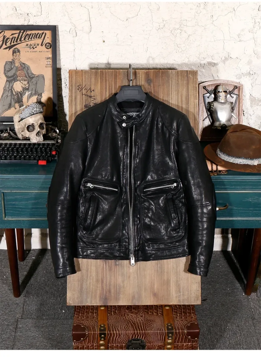 Men’s Luxury Genuine Sheepskin Leather Jacket – Thick Tanned Italian Black Rider Coat, Premium Quality Biker Outerwear - Image 7