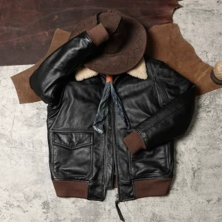 Men’s G1 Air Force Bomber Jacket – Genuine Cowhide Leather with Removable Fur Collar, Warm Pilot Flight Coat