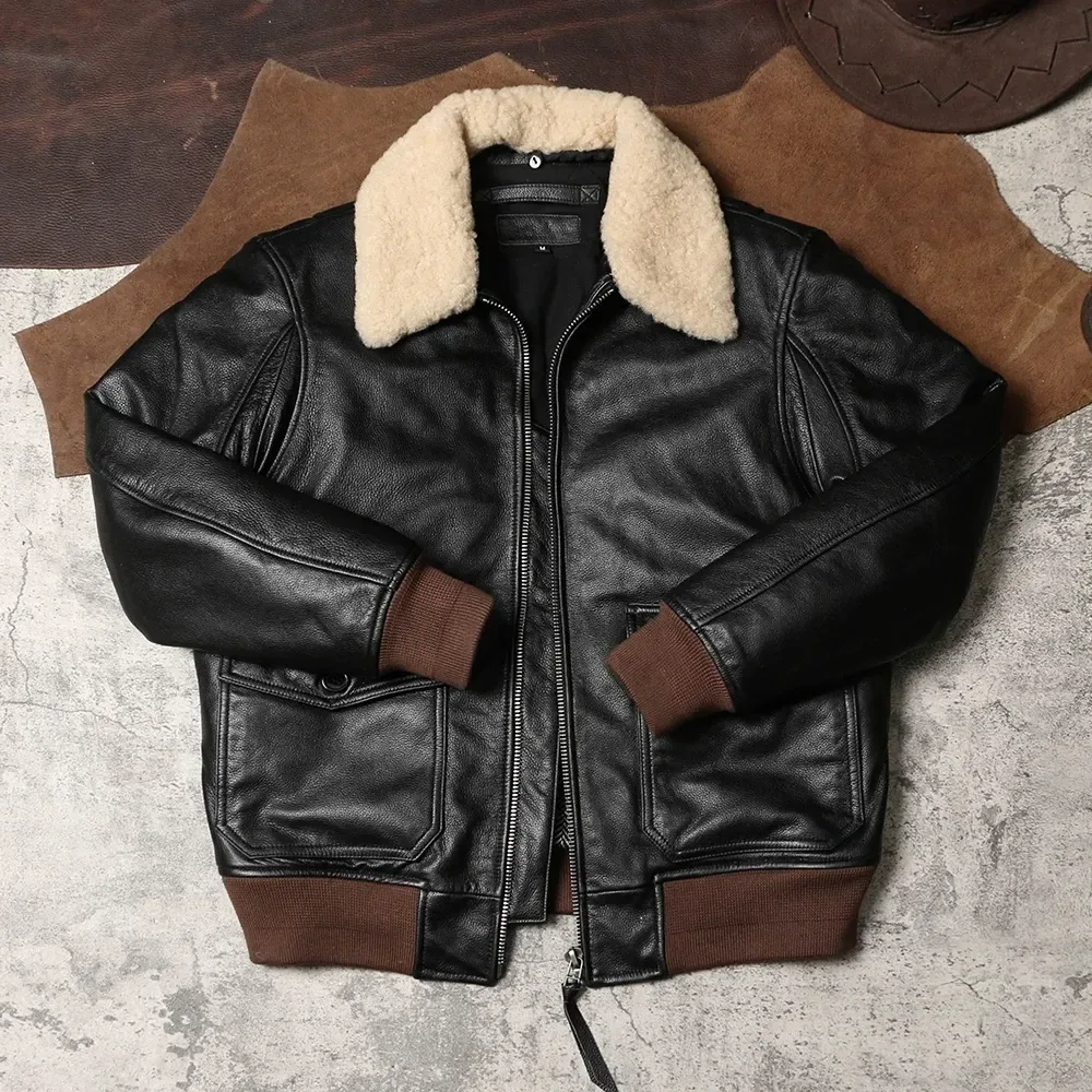 Men’s G1 Air Force Bomber Jacket – Genuine Cowhide Leather with Removable Fur Collar, Warm Pilot Flight Coat - Image 4