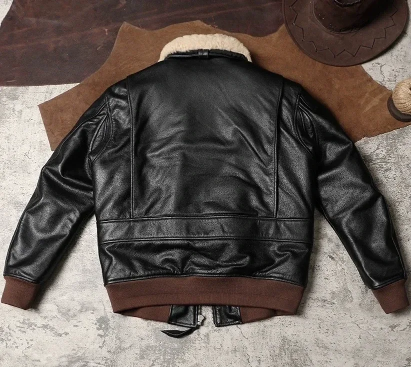 Men’s G1 Air Force Bomber Jacket – Genuine Cowhide Leather with Removable Fur Collar, Warm Pilot Flight Coat - Image 2