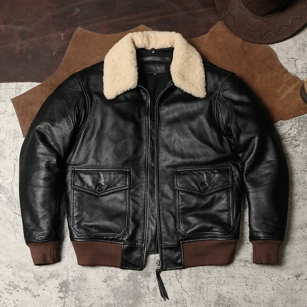 Men’s G1 Air Force Bomber Jacket – Genuine Cowhide Leather with Removable Fur Collar, Warm Pilot Flight Coat - Image 3