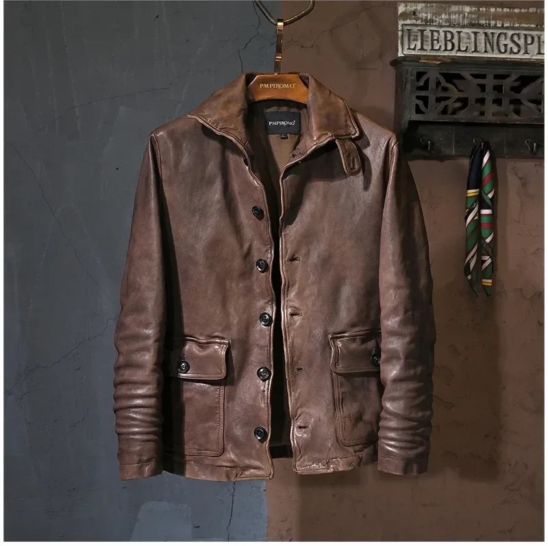 Luxury Natural Tanned Sheepskin Jacket – Vintage Brown Genuine Leather Coat, Men’s Fashion Outerwear - Image 6
