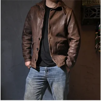 Luxury Natural Tanned Sheepskin Jacket – Vintage Brown Genuine Leather Coat, Men’s Fashion Outerwear