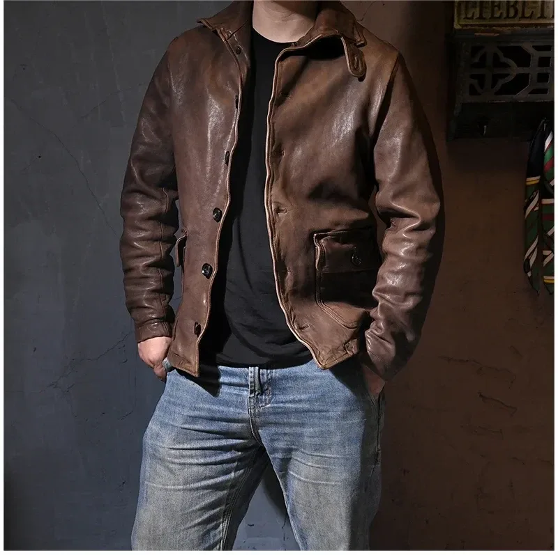 Luxury Natural Tanned Sheepskin Jacket – Vintage Brown Genuine Leather Coat, Men’s Fashion Outerwear