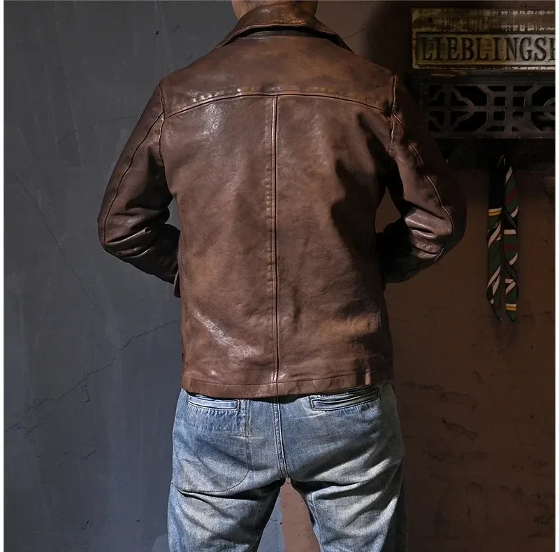 Luxury Natural Tanned Sheepskin Jacket – Vintage Brown Genuine Leather Coat, Men’s Fashion Outerwear - Image 2