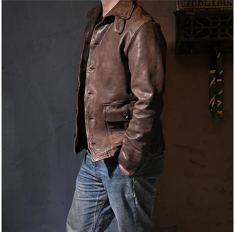 Luxury Natural Tanned Sheepskin Jacket – Vintage Brown Genuine Leather Coat, Men’s Fashion Outerwear - Image 3