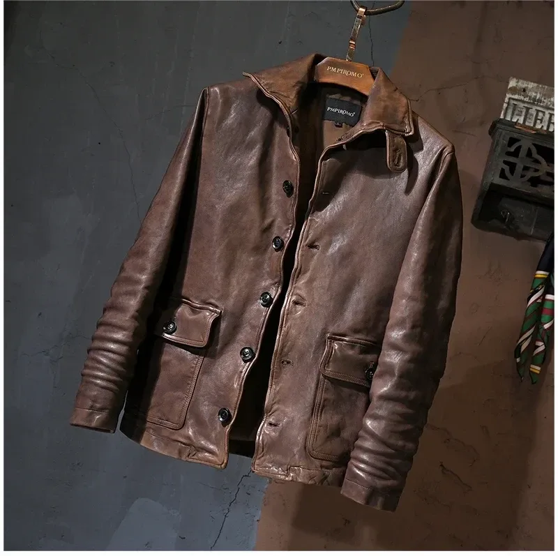 Luxury Natural Tanned Sheepskin Jacket – Vintage Brown Genuine Leather Coat, Men’s Fashion Outerwear - Image 5