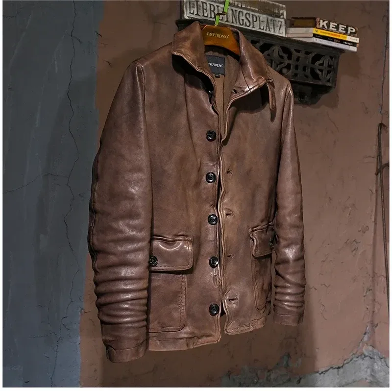 Luxury Natural Tanned Sheepskin Jacket – Vintage Brown Genuine Leather Coat, Men’s Fashion Outerwear - Image 4