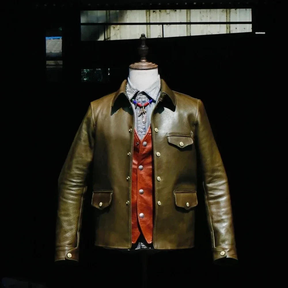 Customized Genuine Leather Coat β Classic Casual Brakeman Style, Luxury Rare Green Edition