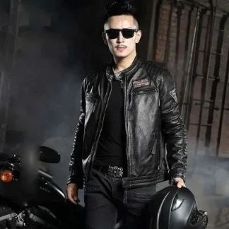Men’s Genuine Cowhide Leather Biker Jacket – Short Motorcycle Coat for Spring, Autumn, and Winter in Classic Brown