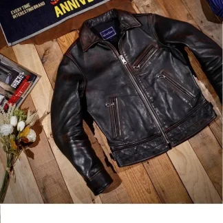 Men’s Heavy Tea-Core Horsehide Leather Jacket – Vintage Slim Rider Short Genuine Leather Coat