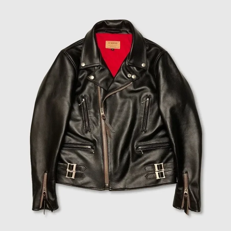 Men’s Tea-Core Calfskin Leather Jacket – Luxury British Vintage Rider 391 Thick Genuine Leather Motorcycle Coat