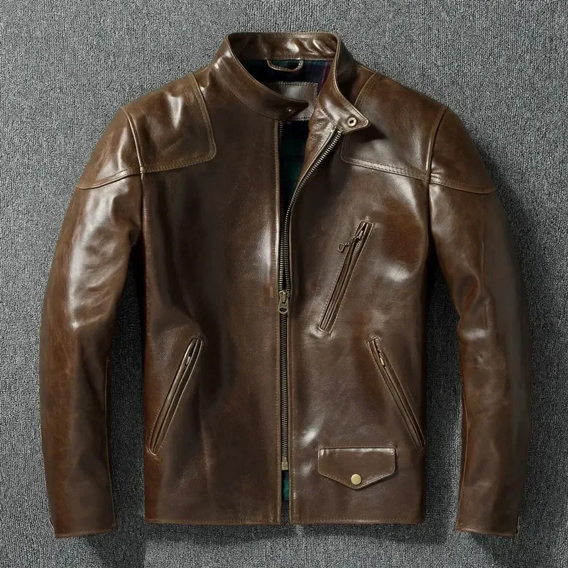 Men’s Oil-Waxed Cowhide Leather Jacket – RL Style Top-Layer Genuine Leather Biker Coat with Stand Collar, Brown Motorcycle Outerwear for Spring & Autumn - Image 6