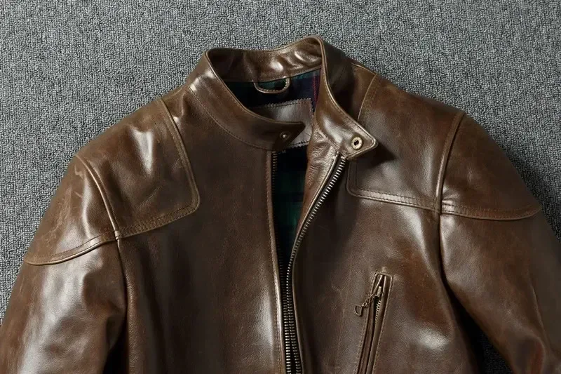 Men’s Oil-Waxed Cowhide Leather Jacket – RL Style Top-Layer Genuine Leather Biker Coat with Stand Collar, Brown Motorcycle Outerwear for Spring & Autumn - Image 3