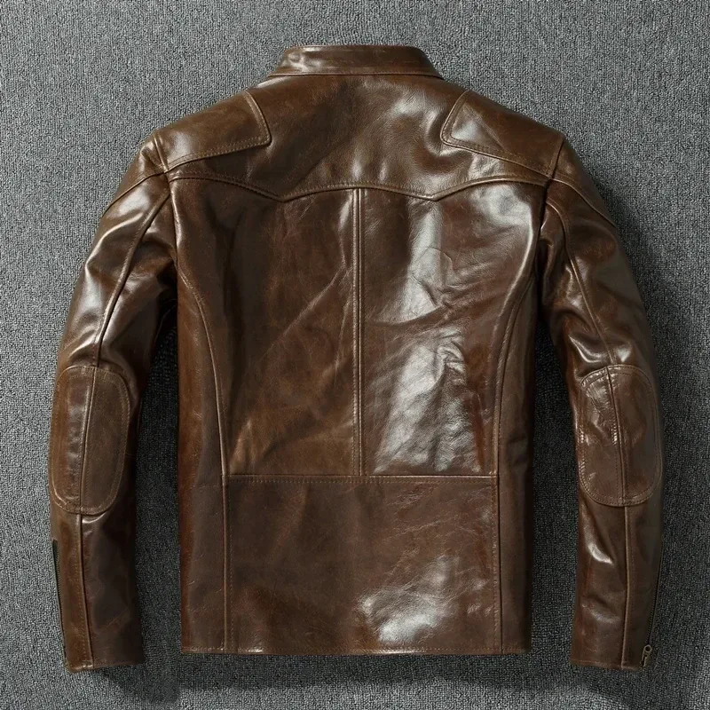 Men’s Oil-Waxed Cowhide Leather Jacket – RL Style Top-Layer Genuine Leather Biker Coat with Stand Collar, Brown Motorcycle Outerwear for Spring & Autumn - Image 2